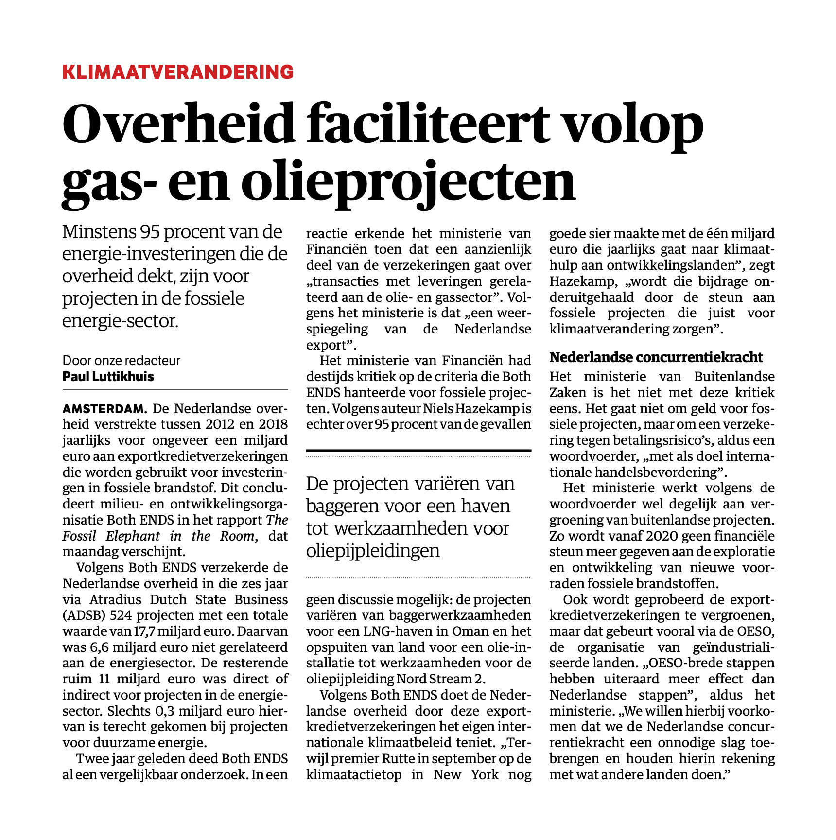 Article in NRC 18 November 2019 quoting our publication about the Dutch export credit agency