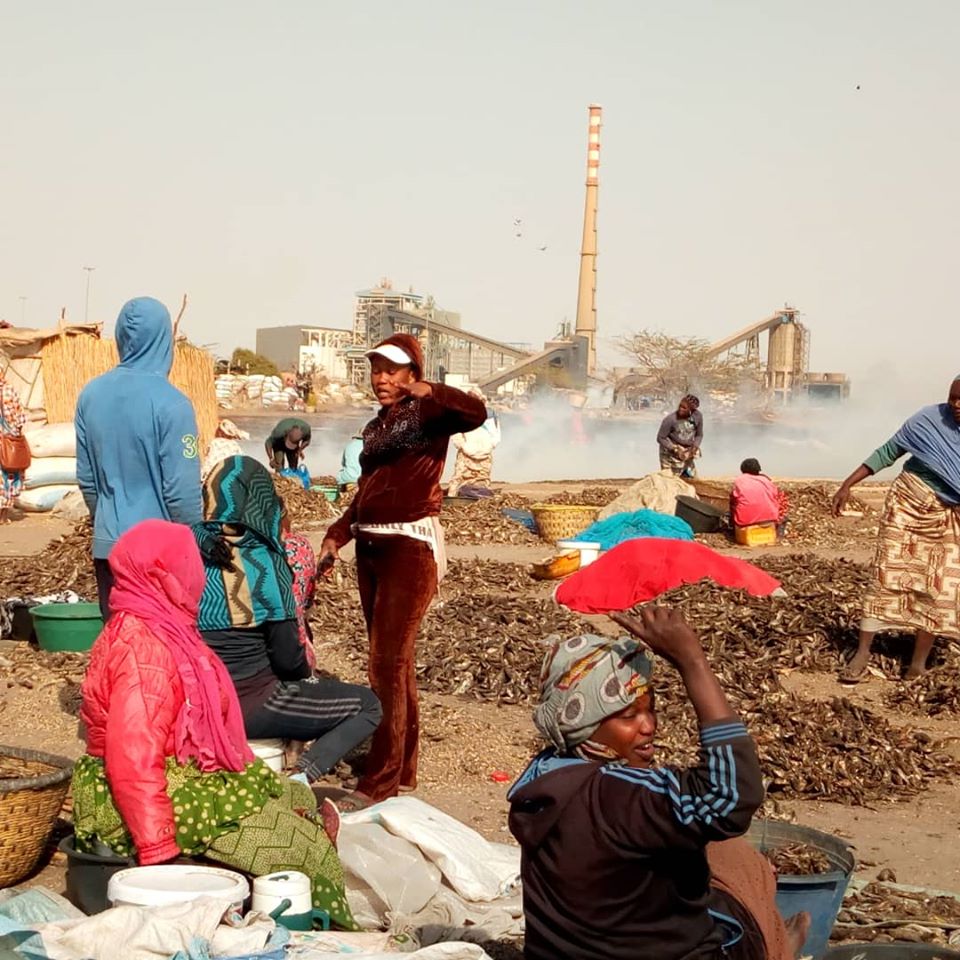 Women dry fish on the beach against the background of the coal plant